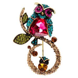 VINTAGE MULTICOLOR CRYSTAL GLASS RHINESTONE MOM & BABY OWL BROOCH NEW OLD STOCK
